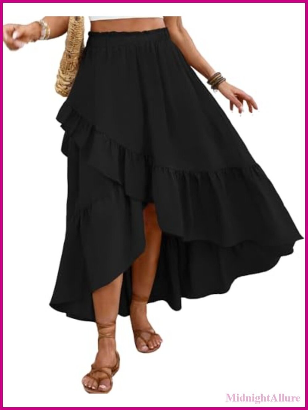Women's Boho High Low Maxi Skirt with Ruffle Hem & Side Slit - Flowy Wrap Skirt